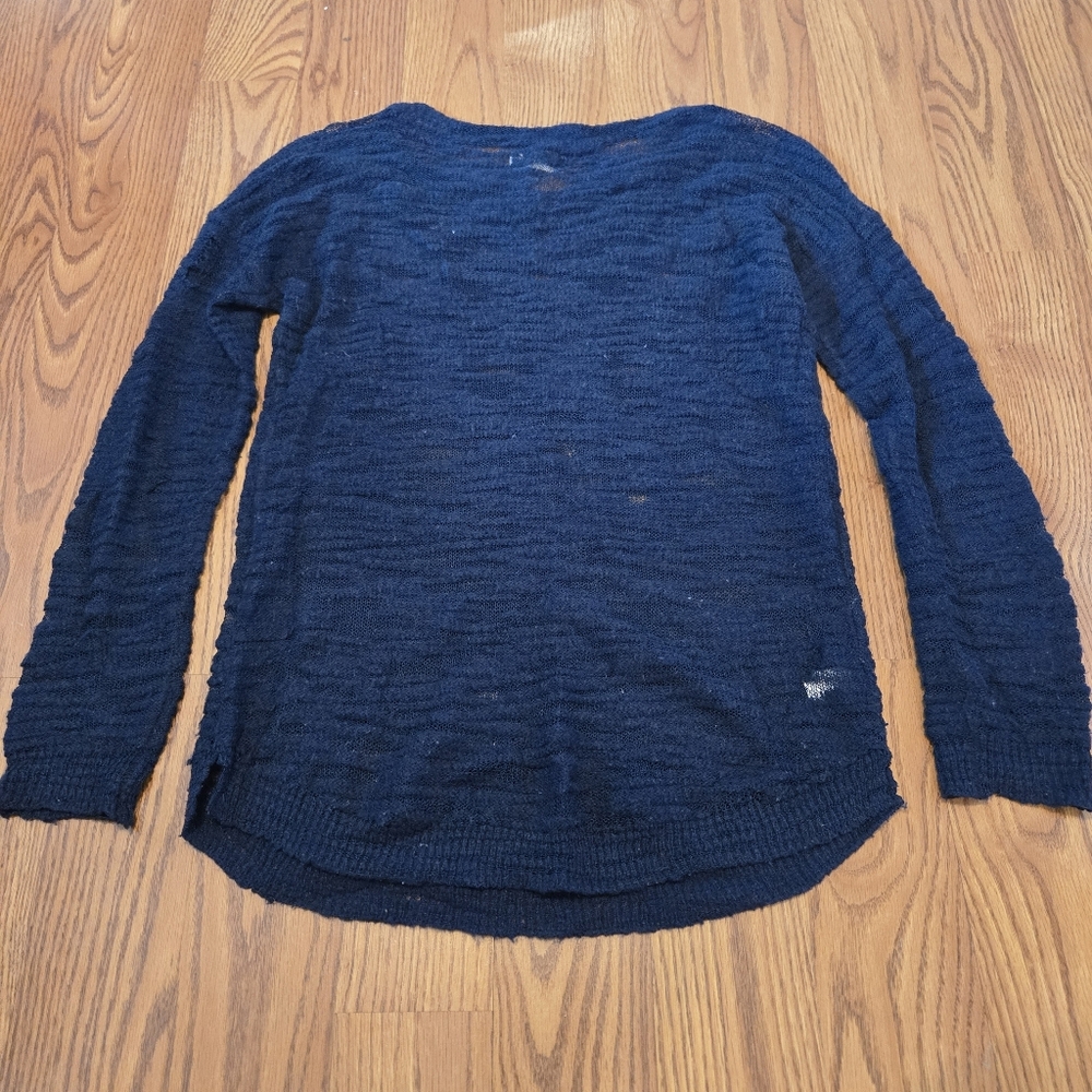 Lou & Grey Textured Navy Blue Sweater Curved Hem Side Slits Preppy Work Office M - Picture 3 of 7